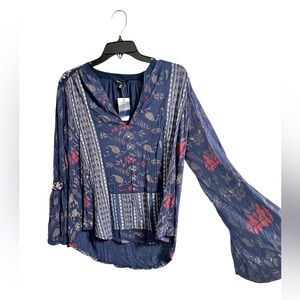 Lucky Brand Blue Embroidered Peasant Top Bell Sleeve Size Medium
